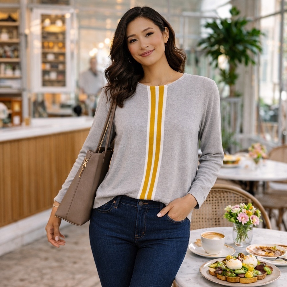 INC International Concepts Tan Sweater Yellow Stripe Size Large